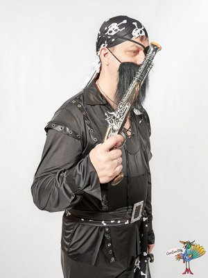 костюм Разбойника черный (рубашка, штаны, бандана, пояс, повязка на пояс,имитация сапог,борода, накладка на глаз) р-р L