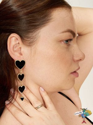 Серьги Сердца черные, фурнитура цвет серебро, длина 16 см