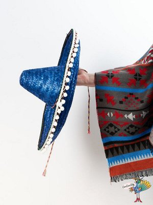 шляпа Сомбреро синяя, текстиль, солома, высота 22см, объем головы 59-61см