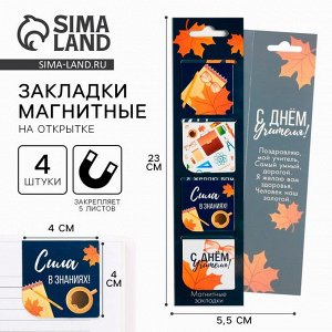 Магнитные закладки для книг в открытке «С днем учителя», 4 шт.