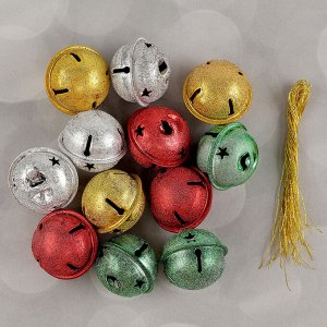 Бубенчики, набор 12 шт., размер 1 шт.: 3x3 см, серебряный, золотой, красный, зелёный