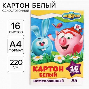 Картон белый, А4, 16 листов, немелованный, односторонний, в папке, 220, г/м?, «Смешарики»
