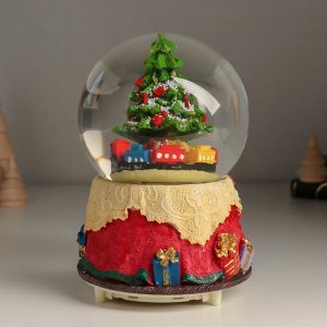 Снежный шар новогодний стеклянный «Ёлочка и мишка», музыкальный, световой, снег кружится, 10.5x10.5x14 см