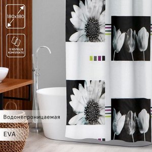 Штора для ванной Доляна «Белые цветы», 180x180 см, EVA