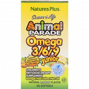 Nature's Plus, Source of Life, Animal Parade, омега 3/6/9 юниор, натуральный лимонный вкус, 90 мягких таблеток