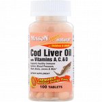 Mason Natural, Chewable Cod Liver Oil, with Vitamins A, C, &amp; D, Orange Flavor, 100 Tablets