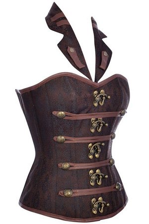 Коричневый атласно-кожаный шнурованный корсет с замочками и воротником