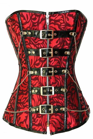 Красный атласный корсет в стиле Стимпанк с черными ремешками и цепочками
