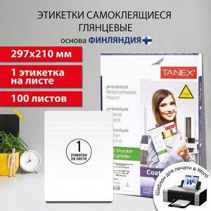 Этикетка самоклеящаяся ГЛЯНЦЕВАЯ 210х297 мм, 1 этикетка, белая, 80 г/м2, 100 листов, TANEX, сырье Финляндия, 114547, TW-2000