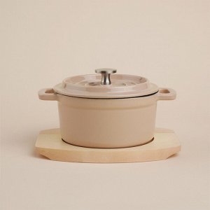 Кастрюля SL Home, 700 мл, d=14 см, h=7 см, на деревянной подставке, эмалированное покрытие, индукция, бежевая