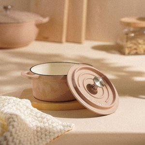 Кастрюля SL Home, 700 мл, d=14 см, h=7 см, на деревянной подставке, эмалированное покрытие, индукция, бежевая
