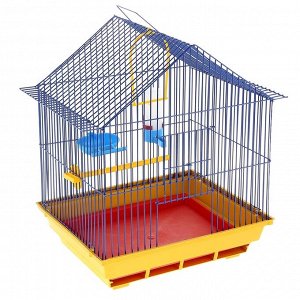 Клетка для птиц малая, крыша-домик (поилка, кормушка, жердочка, качель), 35 х 28 х 43 см