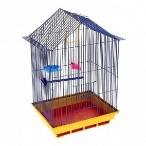 Клетка для птиц большая, крыша-домик (поилка, кормушка, жердочка, качель), 35 х 28 х 55 см