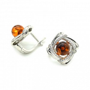 Серьги с янтарём и фианитами 15*15мм цв.коньячный, 5,1г