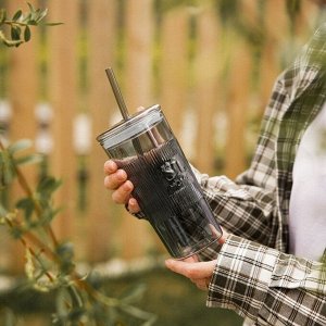 Стакан SL Home «Идиллия», 650 мл, 8.5x24 см, стекло, с трубочкой, зелёный