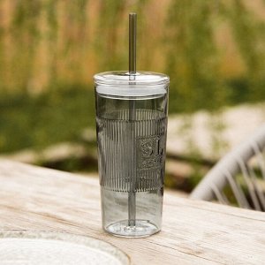 Стакан SL Home «Идиллия», 650 мл, 8.5x24 см, стекло, с трубочкой, зелёный