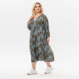 Платье из штапеля, лиф с запАхом, с кулисами под линией груди, "хаки с бирюзой"