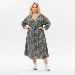 Платье из штапеля, лиф с запАхом, с кулисами под линией груди, "хаки с бирюзой"