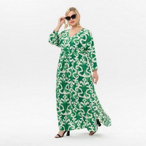 Платье длинное с V - вырезом, с кулисой под линией груди, штапель "зеленая абстракция"
