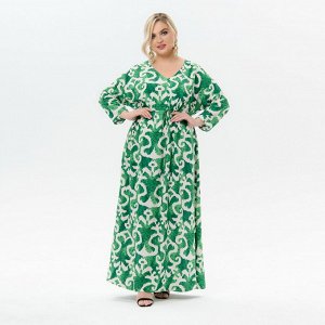 Платье длинное с V - вырезом, с кулисой под линией груди, штапель "зеленая абстракция"