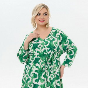 Платье длинное с V - вырезом, с кулисой под линией груди, штапель "зеленая абстракция"