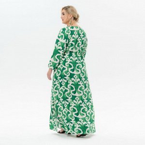 Платье длинное с V - вырезом, с кулисой под линией груди, штапель "зеленая абстракция"