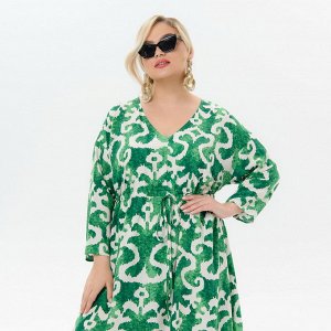 Платье длинное с V - вырезом, с кулисой под линией груди, штапель "зеленая абстракция"
