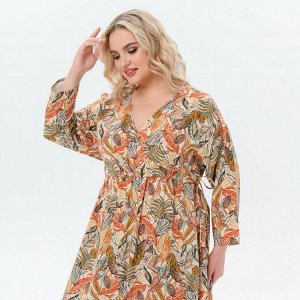 Платье из штапеля, лиф с запАхом, с кулисами под линией груди, принт "бежевые листья" *