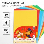 Цветная бумага тонированная, А4, 12 листов, 6 цветов, немелованная, двусторонняя, в пакете, 80 г/м?, «Щенячий патруль»