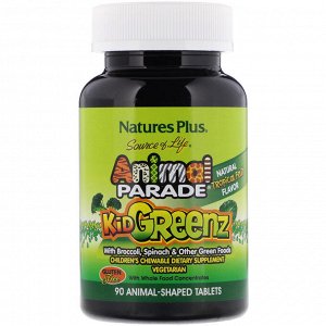 Nature&#039;s Plus, Source of Life, Animal Parade, Kid Greenz, вкус натуральных тропических фруктов, 90 животных