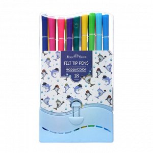 Фломастеры 18 цветов HappyColor, на водной основе, в пластиковом пенале