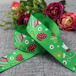 Лента подарочная репс "Рукавицы на зеленом" 2,5 см, 1 м
