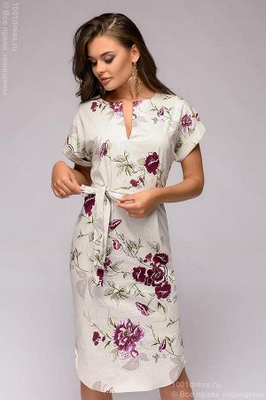 Платье-рубашка светло-серое с цветочным принтом и короткими рукавами