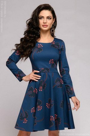Платье темно-синее с крупными цветами и длинными рукавами
