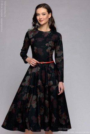 Платье черное длины миди с цветочным принтом и пышной юбкой
