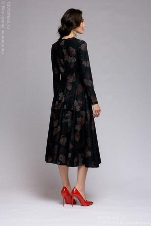 Платье черное длины миди с цветочным принтом и пышной юбкой