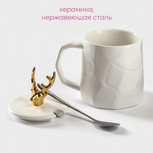 Кружка с ложкой Доляна «Волшебный лес», 350 мл, керамика, цвет белый
