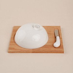 Маслёнка SL Home «Тренто», 22?17,5 см, на деревянной подставке, с ножом для масла, фарфор, белая