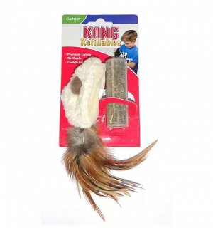 KONG игрушка для кошек "Мышь полевка с перьями" 15 см плюш с тубом кошачьей мяты