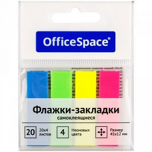 Липкие закладки 45х12мм 4цвх20л пластиковые неон OfficeSpace PM_54064