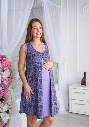 Сорочка для беременных и кормящих «Кружевница» цвет сирень с рисунком