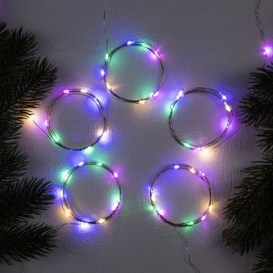 Набор гирлянд «Нить» 1 м роса, IP20, серебристая нить, 10 LED, свечение мульти, 3 режима, батарейки AG13x3 (в комплекте), 5 шт.