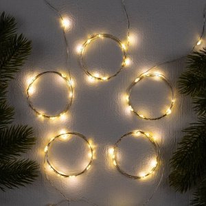 Набор гирлянд «Нить» 1 м роса, IP20, серебристая нить, 10 LED, свечение тёплое белое, 3 режима, батарейки AG13x3 (в комплекте), 5 шт.