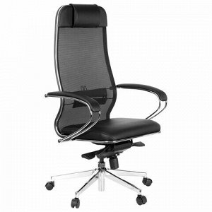 Кресло офисное МЕТТА "ErgoLife" Comfort, хром, сиденье мягкое, ткань-сетка/экокожа, черное