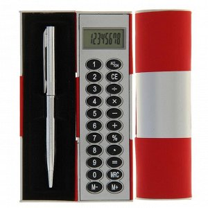 Калькулятор-футляр с ручкой, 8-разрядный, корпус красный-серый, УЦЕНКА