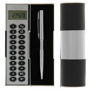 Калькулятор-футляр с ручкой, 8-разрядный, корпус чёрный-серый, УЦЕНКА