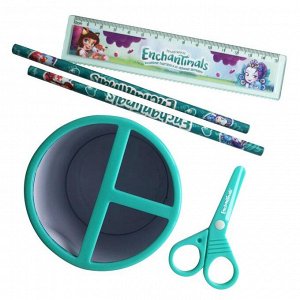 Набор канцелярский настольный 4 предмета Mattel Enchantimals, круг метал (карандаш чернографитный 2 штуки, линейка, ножницы)