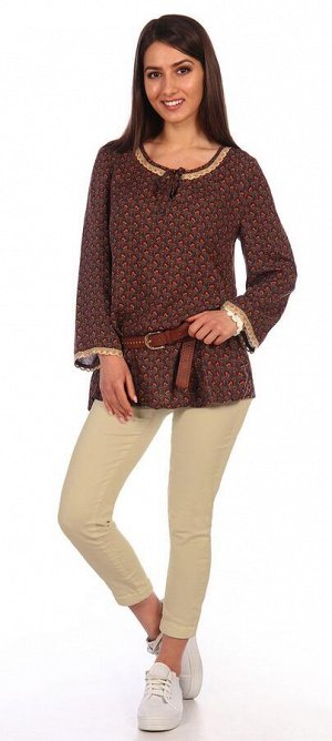 Блуза Кора Состав: 100% вискозаЦвет: шоколадныйМодная блуза в стиле "бохо". Выполнена из штапеля. Модель  с соблазнительными завязками на груди, декорирована кружевом.