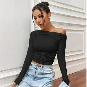 Лонгслив женский, открытые плечи, длинный рукав