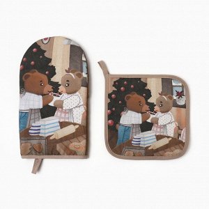 Набор подарочный «Этель» Bears, варежка 15x28 см, прихватка 19x19 см, хлопок 100%